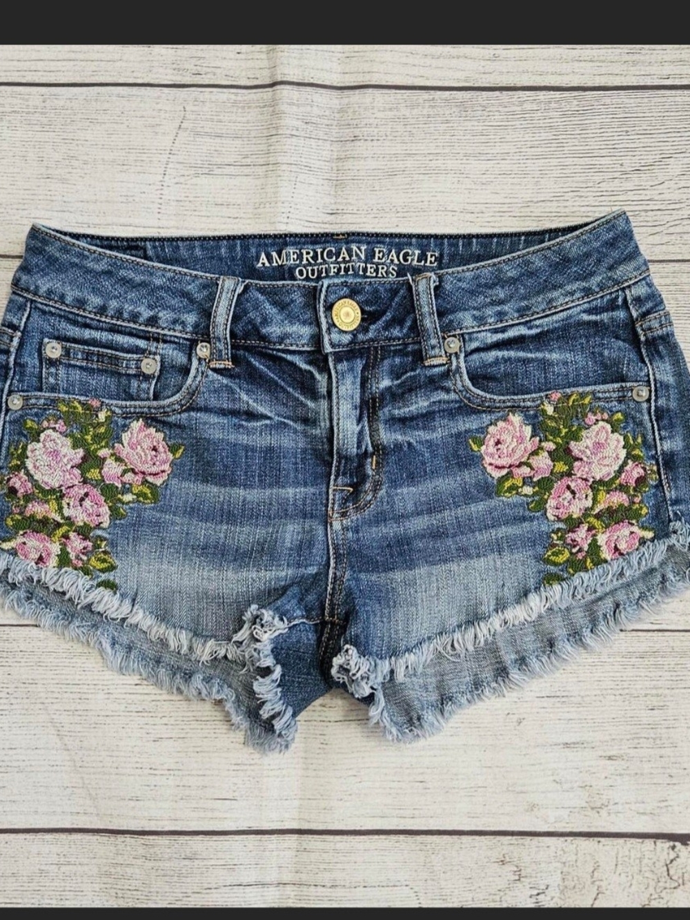 American Eagle Outfitters Blue Denim Shorts with Pink Floral Embroidery